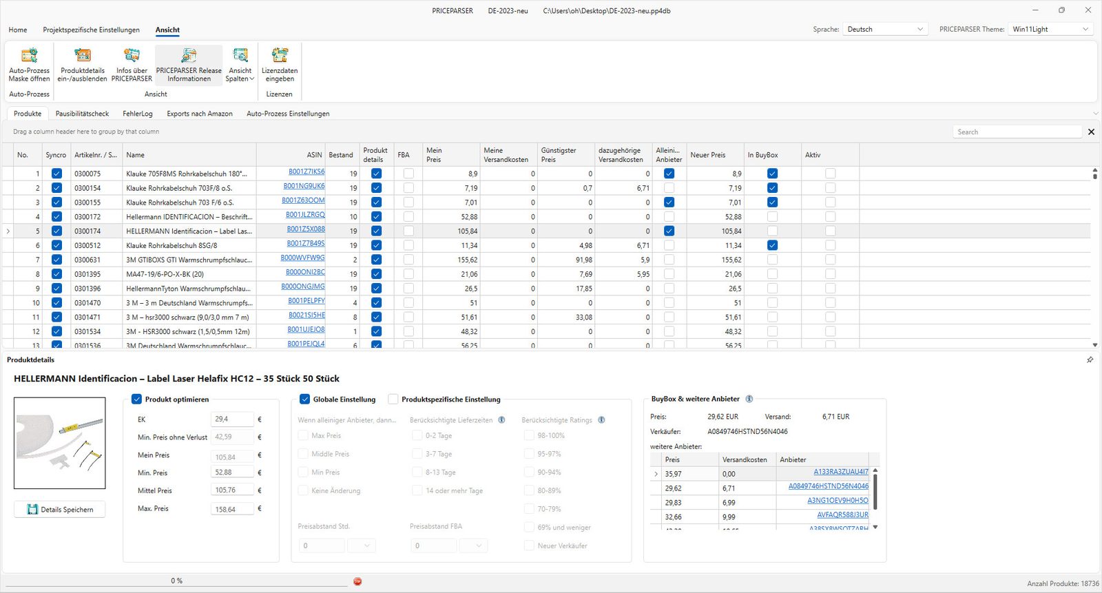 PriceParser – Produktliste mit Preisen, BuyBox-Status und Produktdetails