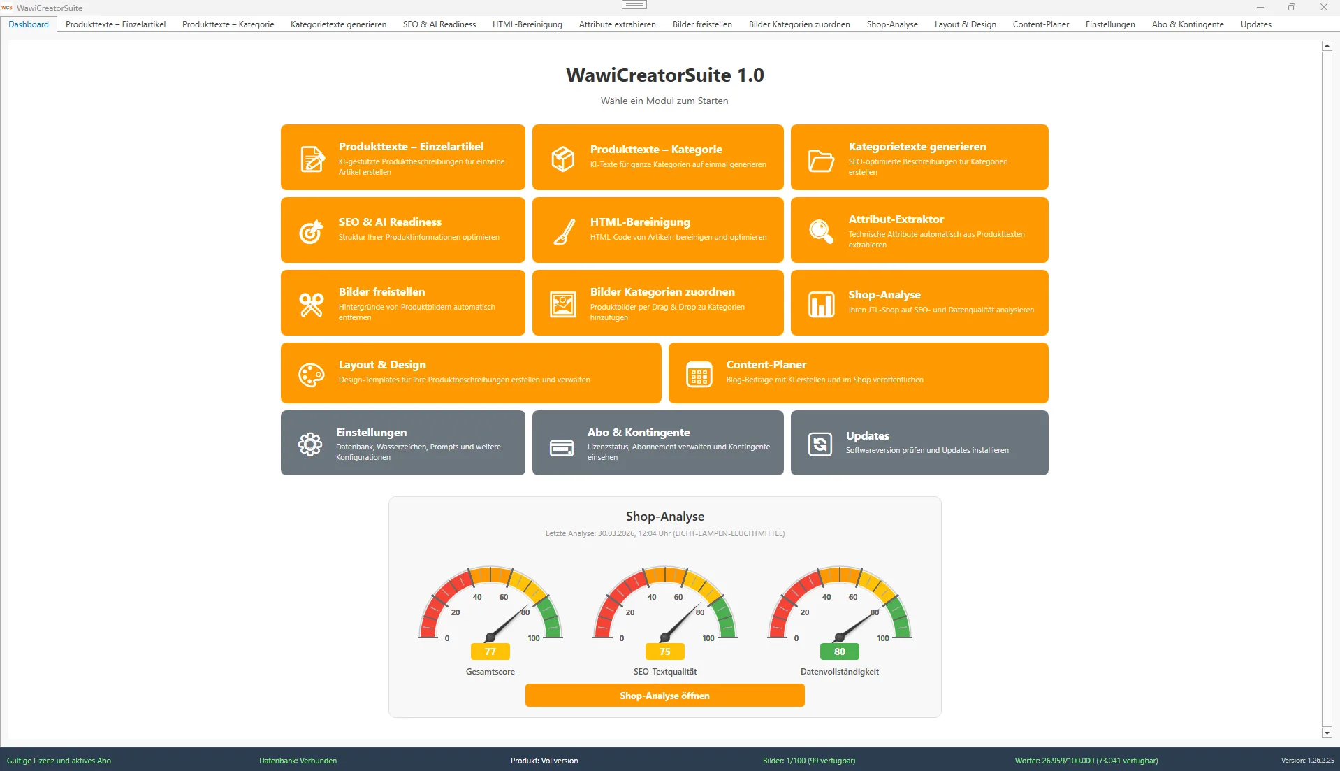 WawiCreatorSuite – Dashboard mit Modulen und Shop-Analyse